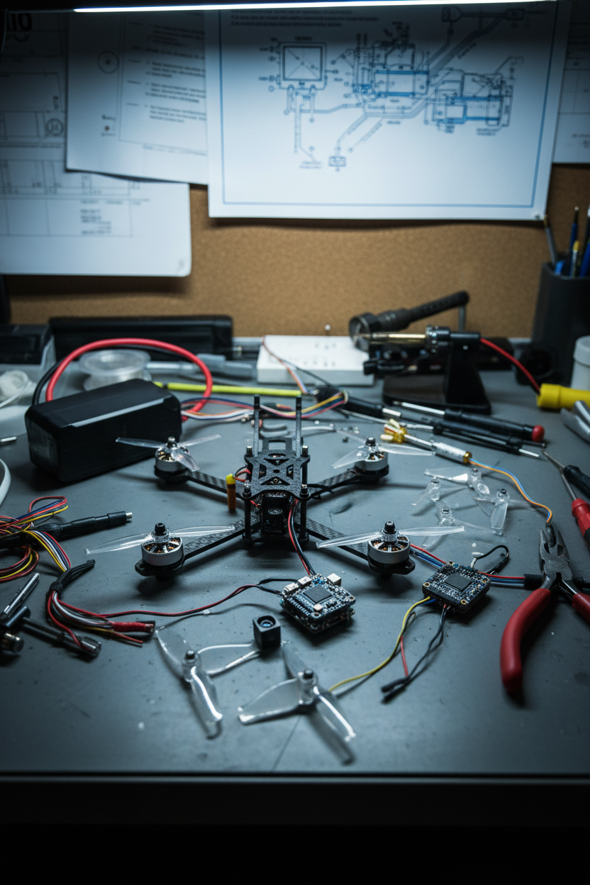 Комплектуючі FPV дрона на столі інженера
