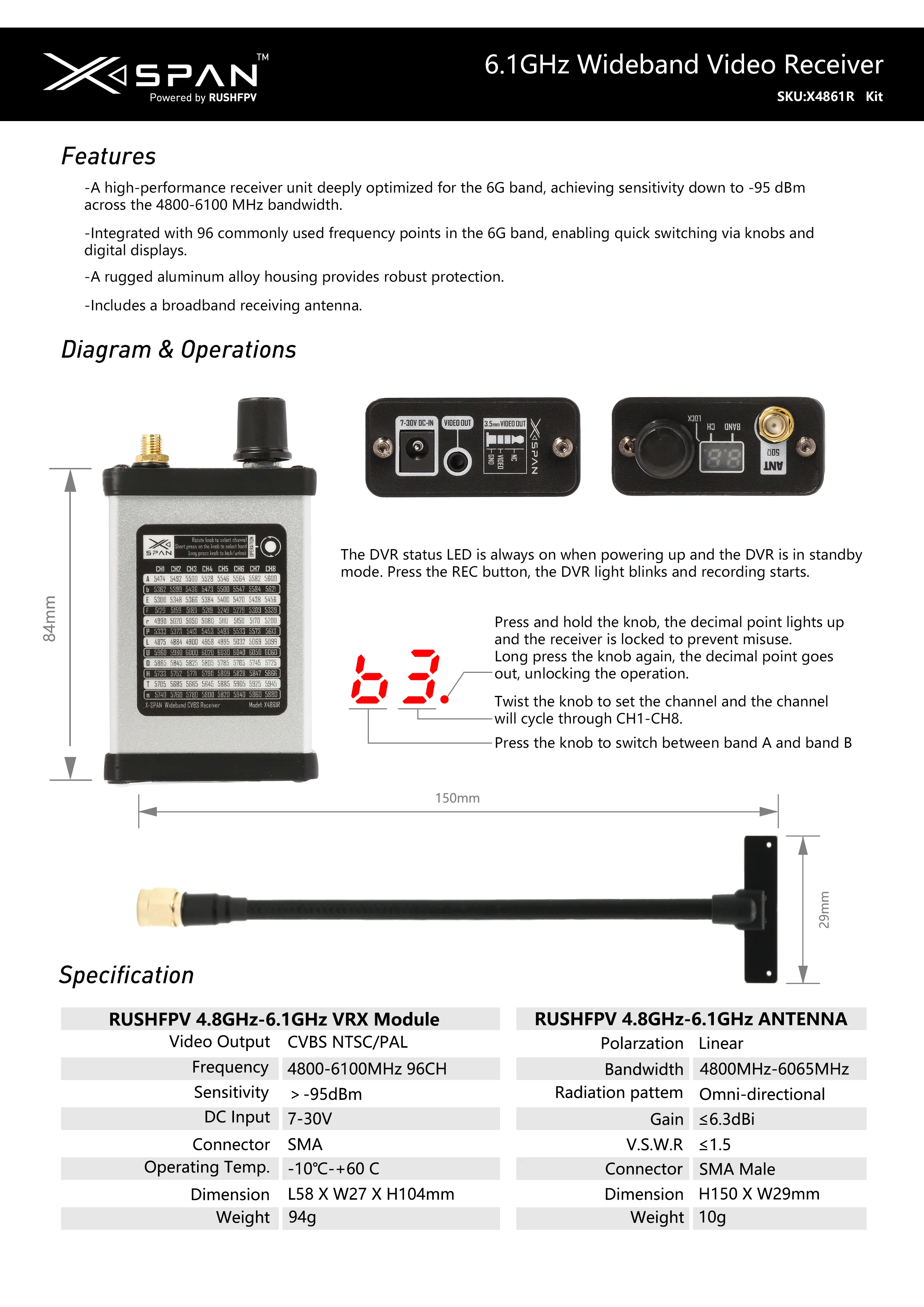 VRX Відео приймач RushFPV 4.8G - 6.1G XSPAN + антена 11 VRX Відео приймач RushFPV 4.8G - 6.1G XSPAN + антена 4861