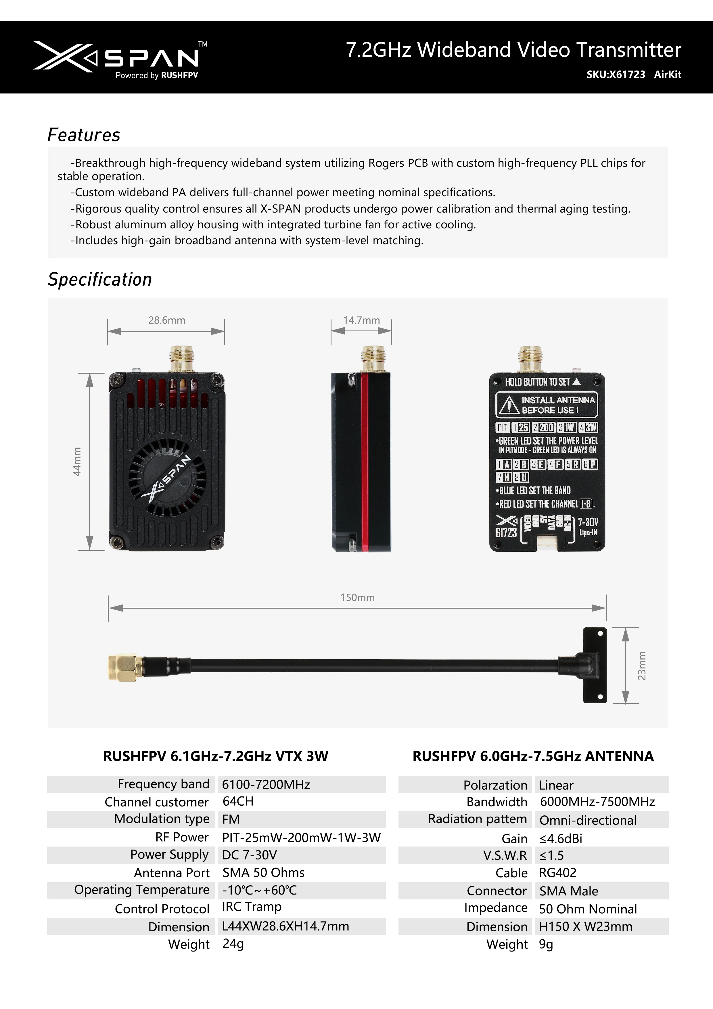 VTX Відео передавач RushFPV 6.1G-7.2G XSPAN 3W + антена всеспрямована 5 VTX Відео передавач RushFPV 6.1G-7.2G XSPAN 3W + антена всеспрямована 6172 1
