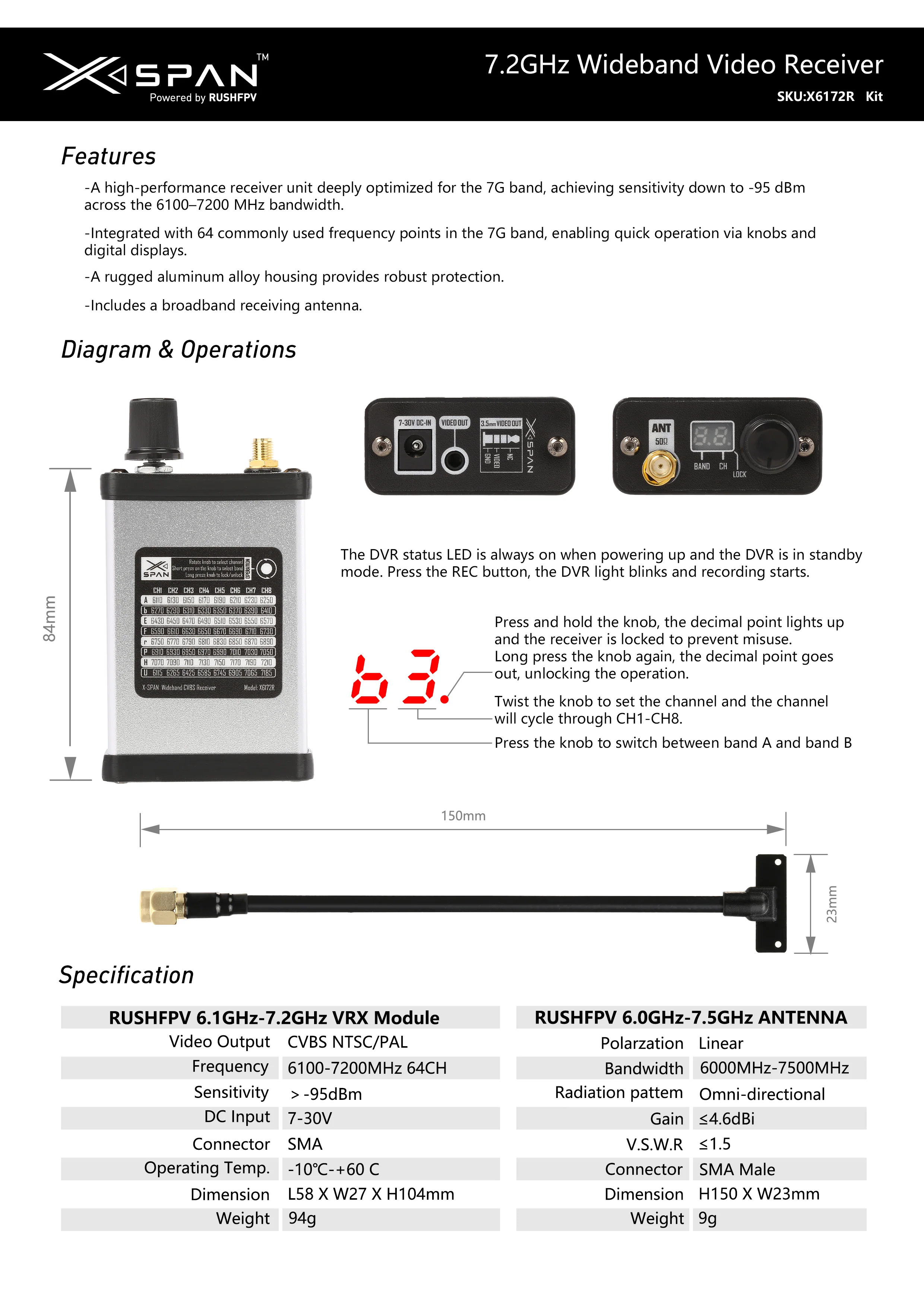 VRX Відео приймач RushFPV 6.1G - 7.2G XSPAN + антена 9 VRX Відео приймач RushFPV 6.1G - 7.2G XSPAN + антена 61723